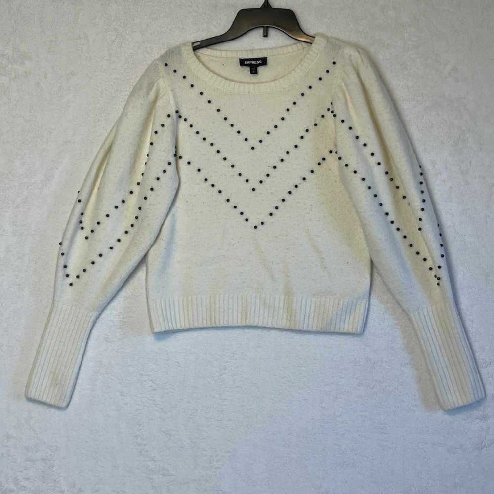 Express Cream Crewneck Sweater with Black Stud Detail